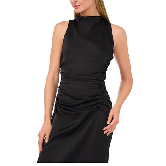 CeCe Black Satin Mock Neck Sleeveless Drape Ruched Sheath Midi Dress Size 10 - Picture 3 of 11